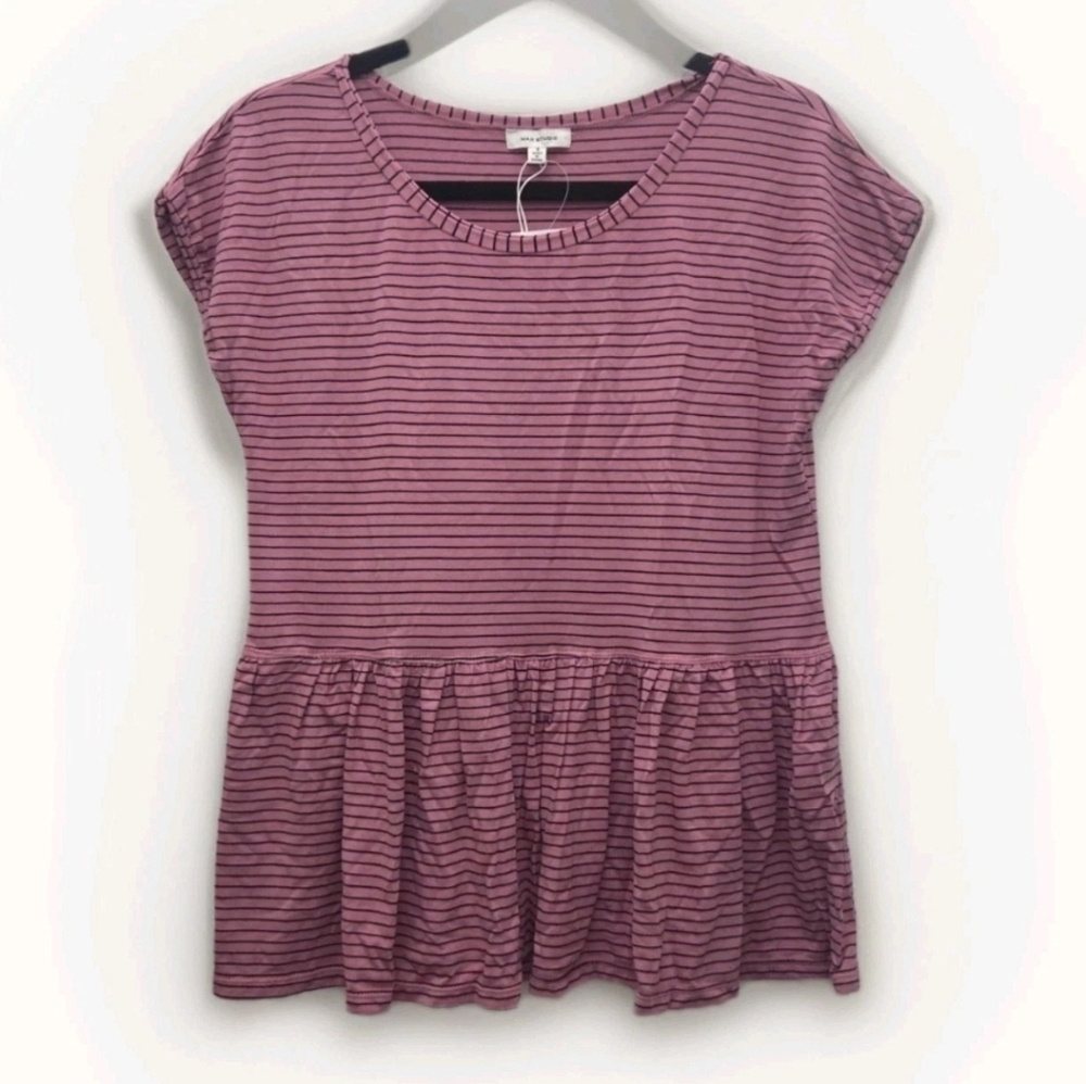 ​Max Studio Peplum Top Medium - Mauve Pink Black Striped Short Sleeve Knit Shirt